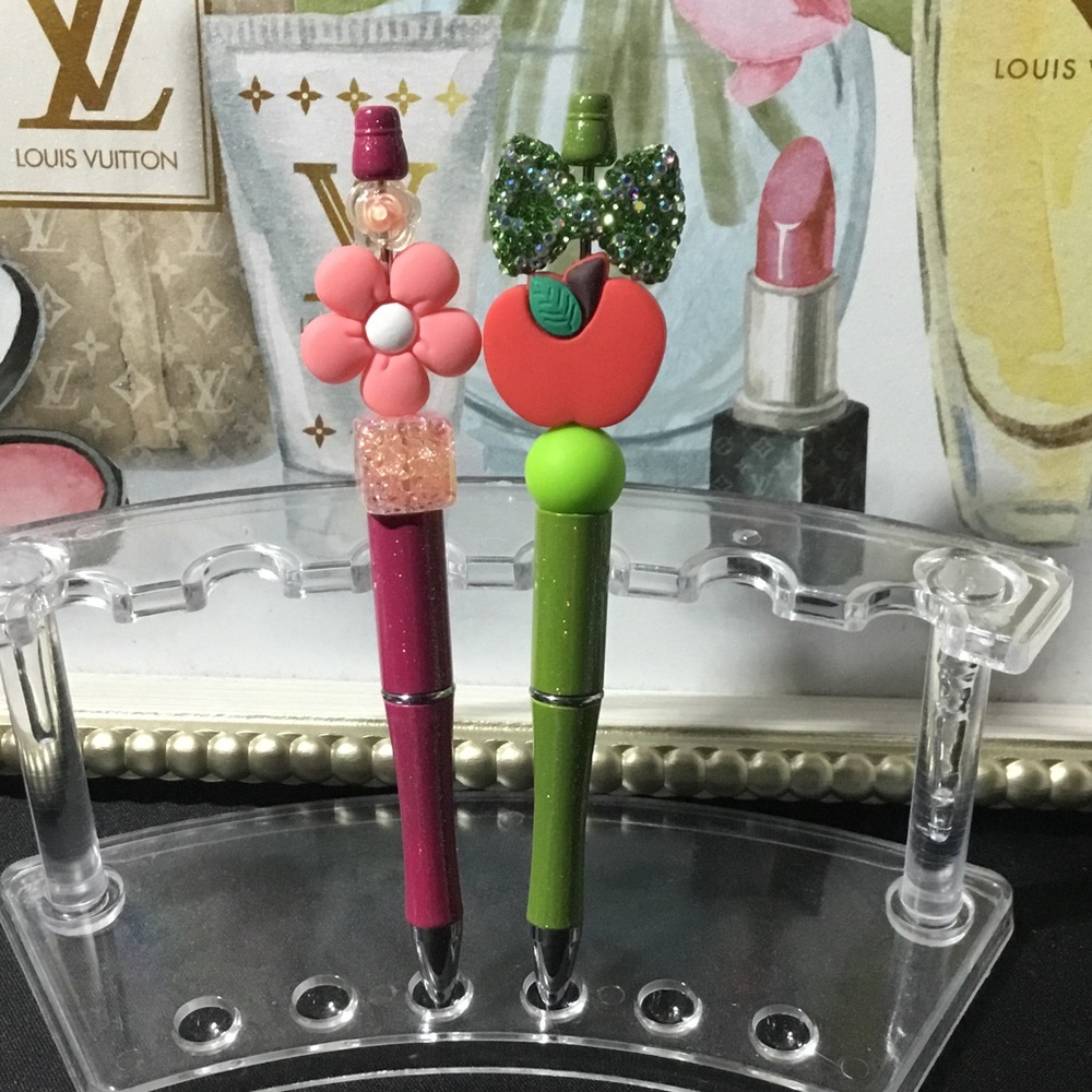 Pink Flower and Green Apple Decorative Pens 🖊️